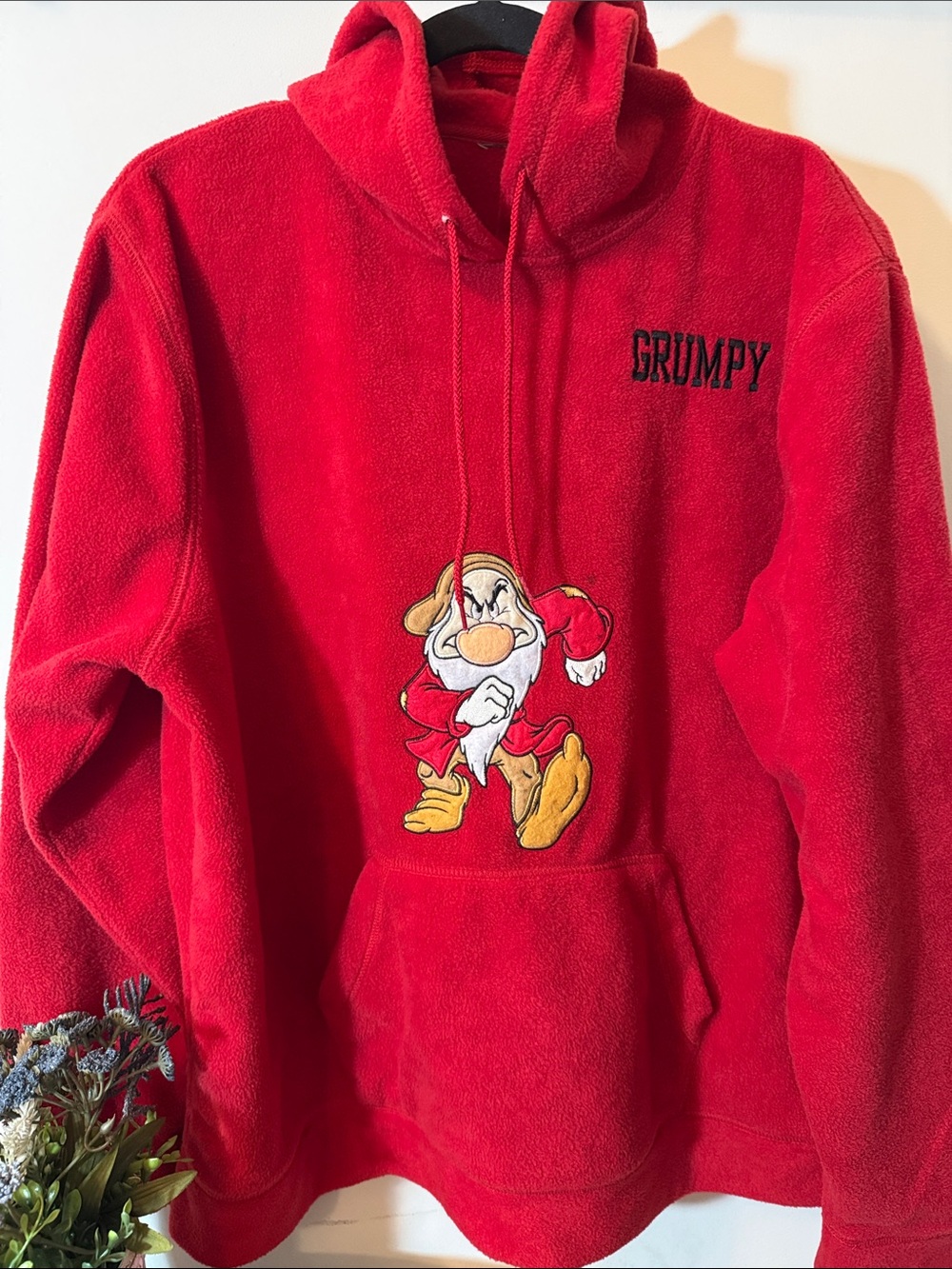 Vintage Red 'Grumpy' Dwarf Embroidered fleece Hoodie